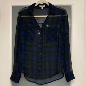 Express Blue and Green Plaid Sheer Blouse